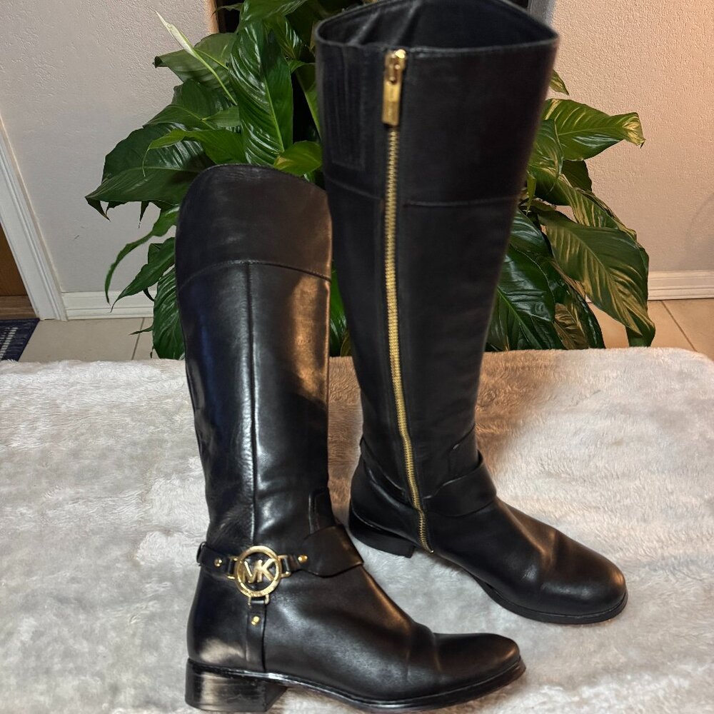 Michael Kors Black Leather Knee-High Heeled Boots with Gold Hardware